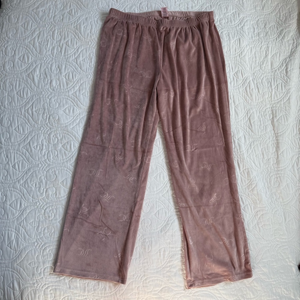 Juicy Couture Velour Lounge Track Pants Mauve JC Allover Print Pull-on WM XL EUC